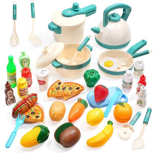 Rynx | 40PCS Kids Kitchen Pretend Play Toy Chef Set with Pots and Pans Kitchen Equipment Cutting Play Food Amazing Gift for Toddlers Boys Girls Indoor Play