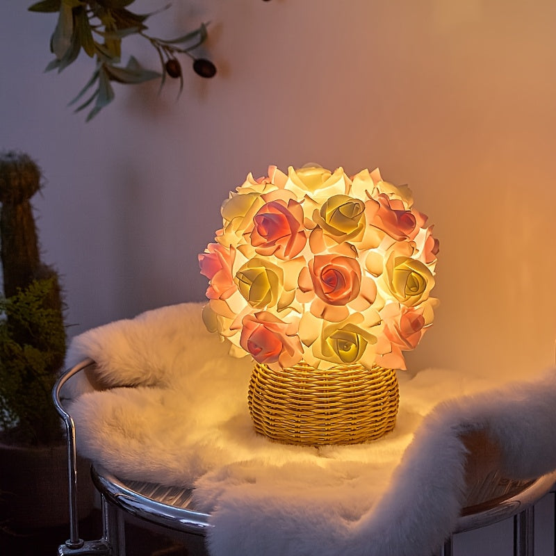 Rynx | FloraGlow - Art Deco USB Rose Table Lamp with Polished Base and Light Bulb