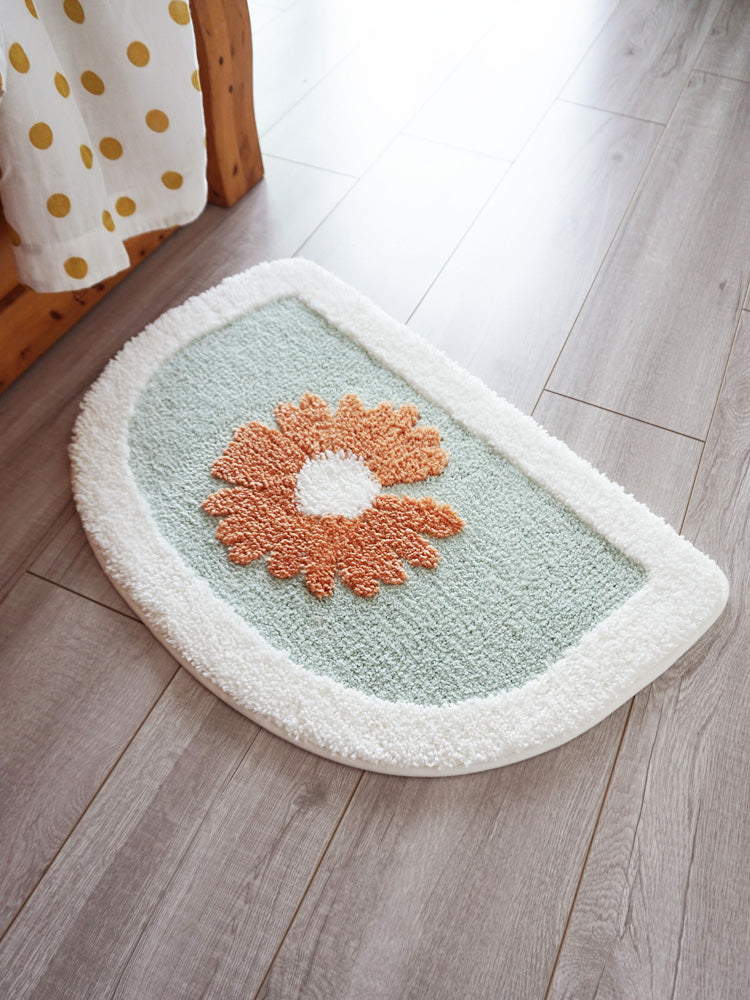 Rynx | Half-circle Daisy Bath Mat, White Flower Bath Rug, Natural Bathroom Decor, Soft Water-absorbing Mat for Bath Shower, Blue Brown