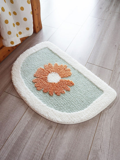 Rynx | Half-circle Daisy Bath Mat, White Flower Bath Rug, Natural Bathroom Decor, Soft Water-absorbing Mat for Bath Shower, Blue Brown