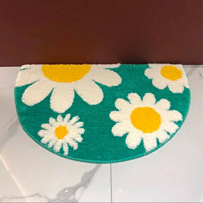 Rynx | Green Half Circle Daisy Bathroom Mat, White Flowers Bathroom Rug, Natural Bathroom Decoration, Soft Water Absorbent Mat for Bath Shower