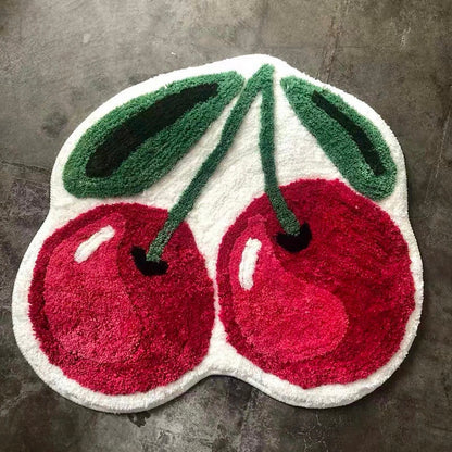 Rynx | Cute cherry bath mat, red fruit bathroom rug, soft plush water-absorbent mat, non-slip toilet mat in multiple sizes, soft thick bathroom rug, art bathroom mats, best bath rugs, tufted art rug for bathroom toilet bathtub