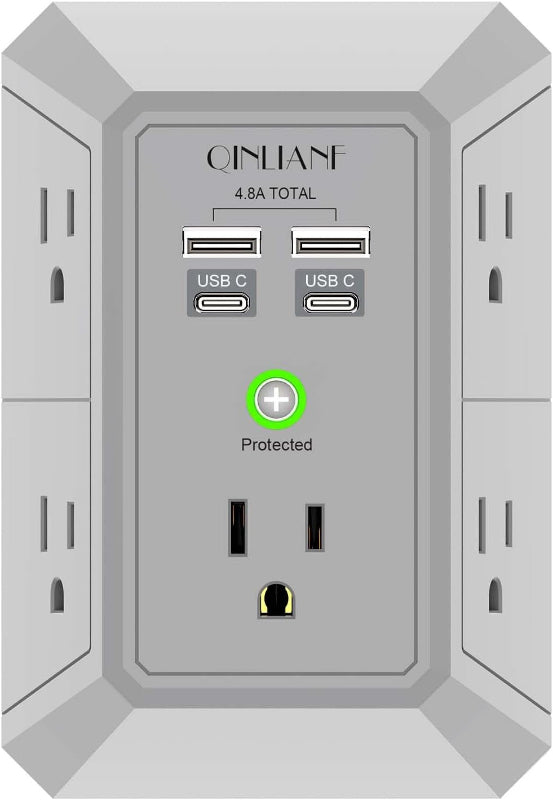 Rynx | Wall Charger Surge Protector, 5-outlet extension with 4 USB ports (4.8A), 1680J power outlet