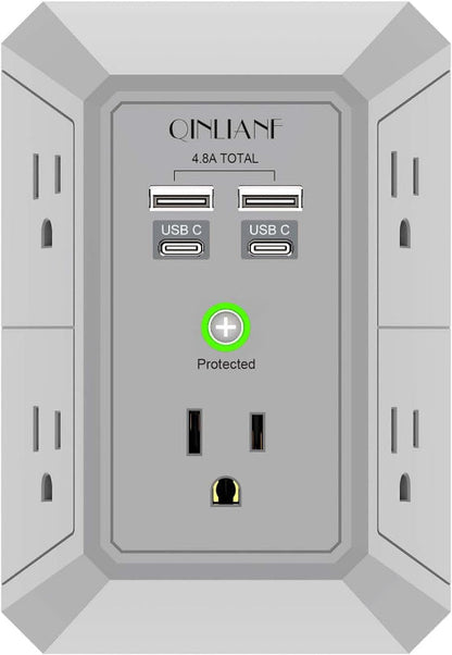 Rynx | Wall Charger Surge Protector, 5-outlet extension with 4 USB ports (4.8A), 1680J power outlet