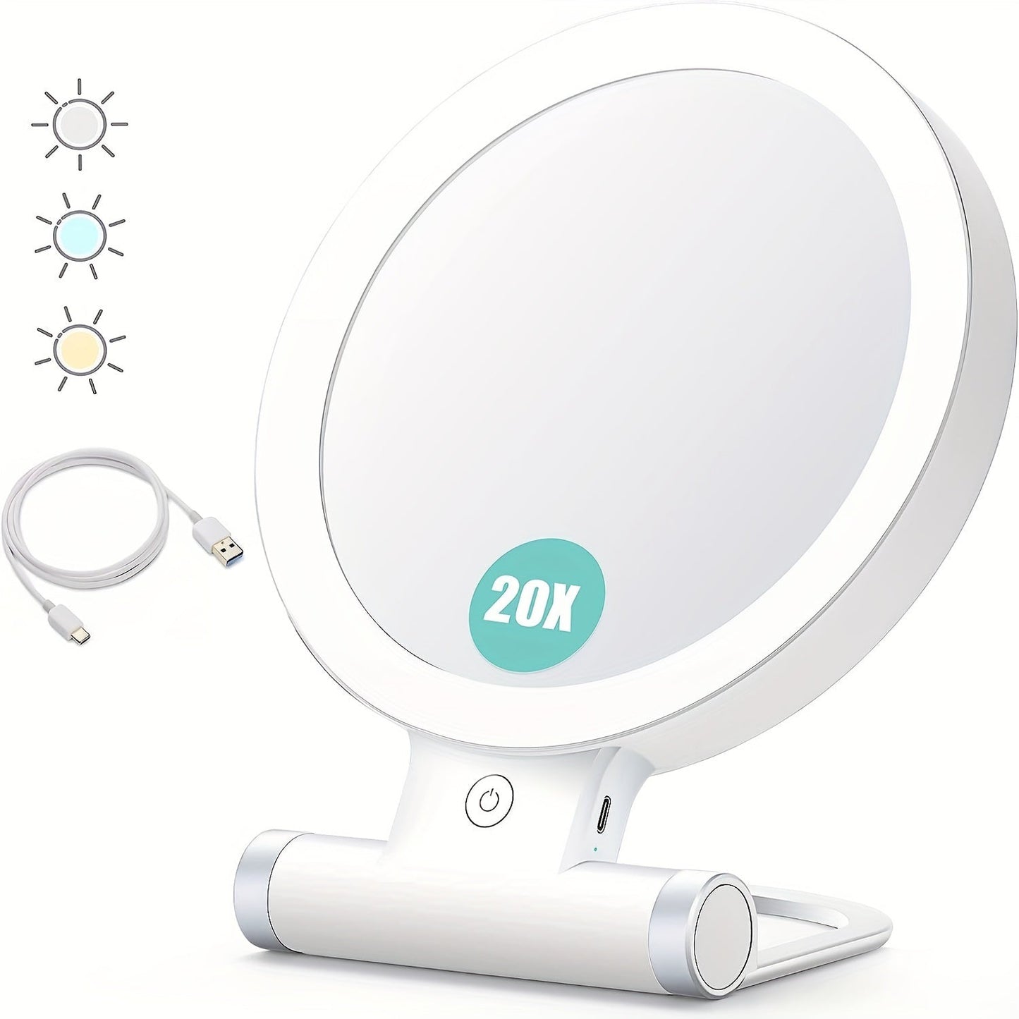 Rynx | 20X/1X Double-Sided Illuminated Tabletop Magnifying Mirror - Adjustable Folding Handle, Cosmetic Mirror for Makeup, Travel, Tweezing, Blackhead Removal - Compact, Portable, Energy-Efficient