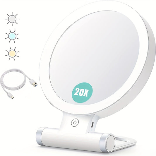 Rynx | 20X/1X Double-Sided Illuminated Tabletop Magnifying Mirror - Adjustable Folding Handle, Cosmetic Mirror for Makeup, Travel, Tweezing, Blackhead Removal - Compact, Portable, Energy-Efficient