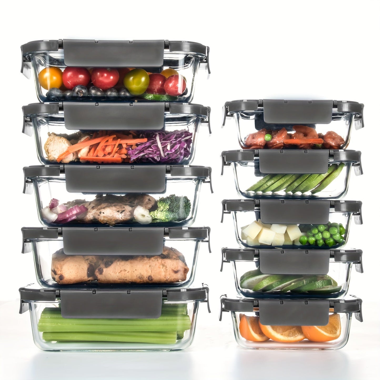Rynx | 10-Pack Glass Meal Prep Containers Set with Airtight Lids – Durable Food Storage & Glass Lunch Boxes for Home, Kitchen, Office Grey-B