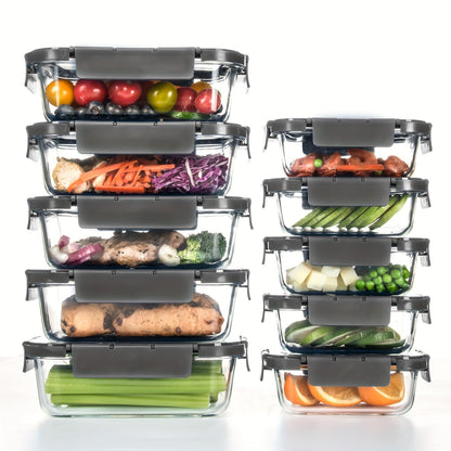 Rynx | 10-Pack Glass Meal Prep Containers Set with Airtight Lids – Durable Food Storage & Glass Lunch Boxes for Home, Kitchen, Office Grey-B