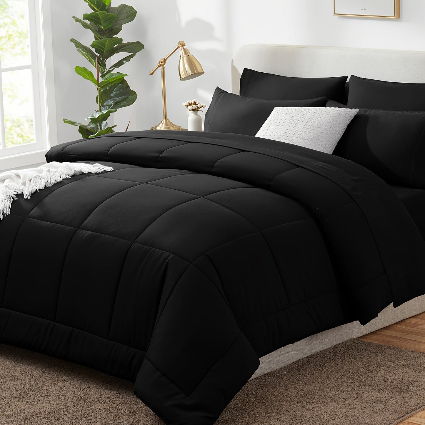 Rynx | 7 Pcs Bed In A Bag - Bedding Set with All Season Quilted Comforter, Flat Sheet, Fitted Sheet, Pillowcases - Black, Queen