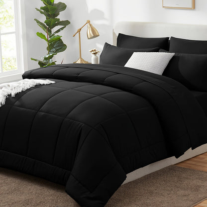 Rynx | 7 Pcs Bed In A Bag - Bedding Set with All Season Quilted Comforter, Flat Sheet, Fitted Sheet, Pillowcases - Black, Queen