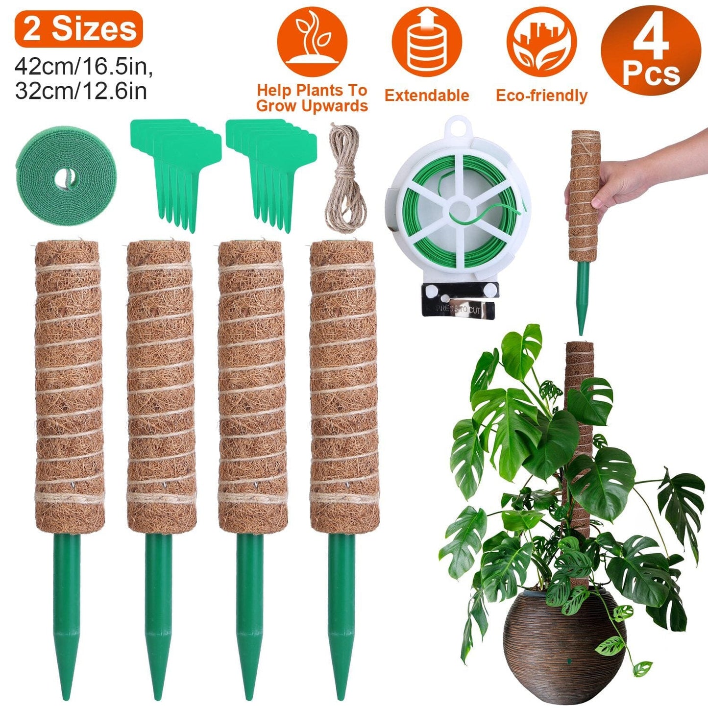 Rynx | 4-Pieces: Coco Coir Expandable Moss Pole for Climbing Plants