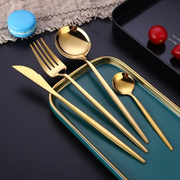 Rynx | 4 pieces: Mirror polished Dinner service Stainless Steel Cutlery Set Flat Service