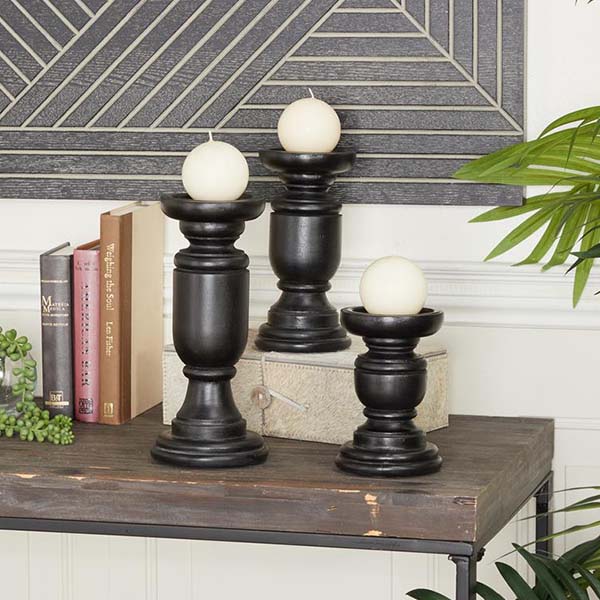 Rynx | Black wooden spindle candle holders, set of 3