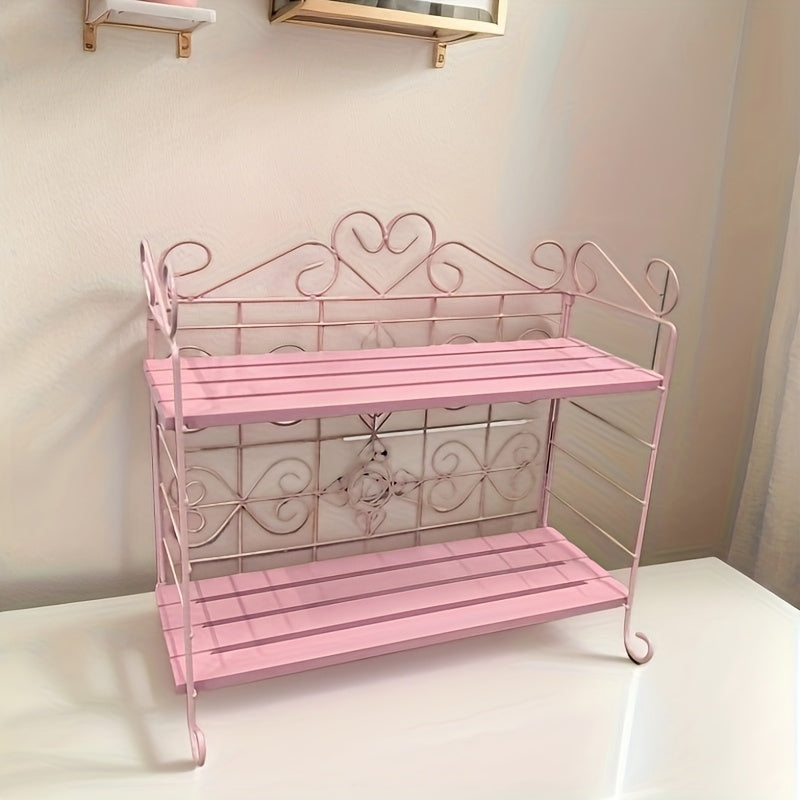 Rynx | 1pc Pink 2-Tier Klappbarer Metall- und Holzlagerregal – Eleganter Thekenorganizer für Schlafzimmer, Küche, Bad, Wohnzimmer oder Gartendekor, Wohnzimmerlagerung, Nutzregale