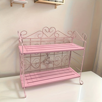 Rynx | 1pc Pink 2-Tier Klappbarer Metall- und Holzlagerregal – Eleganter Thekenorganizer für Schlafzimmer, Küche, Bad, Wohnzimmer oder Gartendekor, Wohnzimmerlagerung, Nutzregale