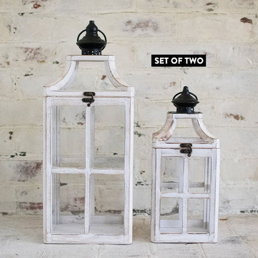 Rynx | Worn white washed window frame lanterns, set of 2