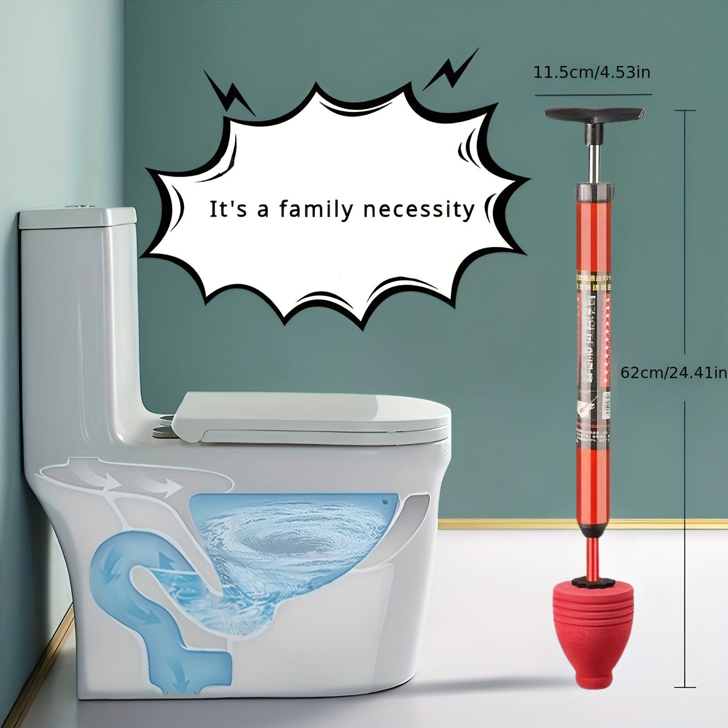 Rynx | Heavy-Duty Pneumatic Toilet Plunger - High-Pressure Drain Pipe Cleaner with Humanized Pump Design, Rubber Material, Commercial Tool for Toilet, Sink, Pipe Blockage Removal