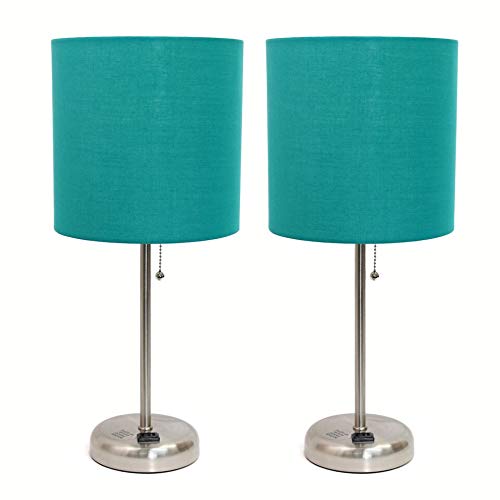 Rynx | Limelights Lc2001-Tel-2Pk Brushed Steel Plug Table Lamp With Charging Socket & Fabric Shade 44; Teal - Set Of 2