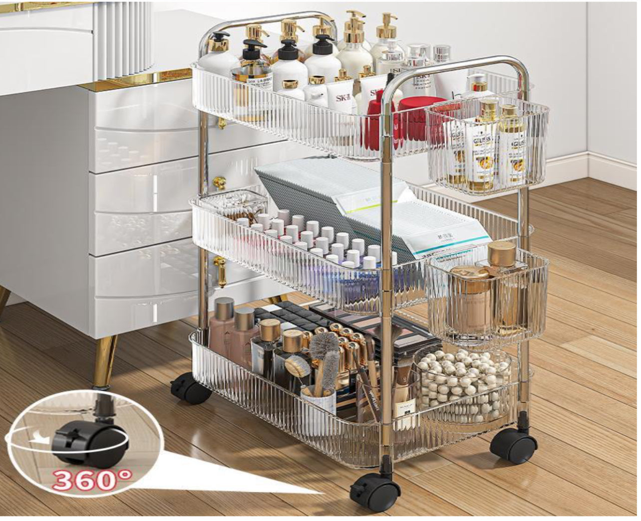 Rynx | Transparent rolling cart with handle, multifunctional plastic cart, multilayer bathroom storage space, bathroom shelves with wheels, cosmetic cart.