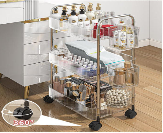 Rynx | Transparent rolling cart with handle, multifunctional plastic cart, multilayer bathroom storage space, bathroom shelves with wheels, cosmetic cart.