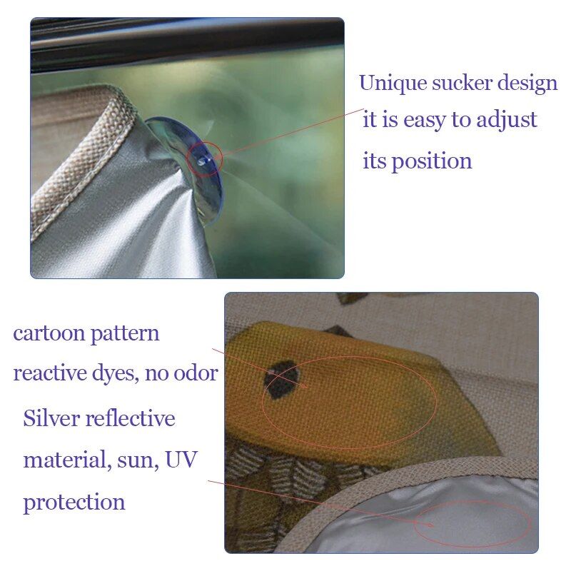 Rynx | Cute Cartoon Linen Car Sun Shade Curtain for Windshield and Side Windows - 70cm x 50cm