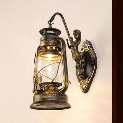 Rynx | One Bulb Wall Lamp with Lantern Shade Clear Glass Coast Bedroom Wall Lamp in Black/Antique Brass/Aged Copper with Mermaid