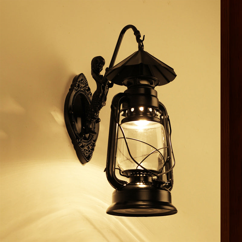 Rynx | Kerosene Clear Glass Wall Lamp Coast Single Bulb Living Room Sconces Lamp in Black/Antique Brass