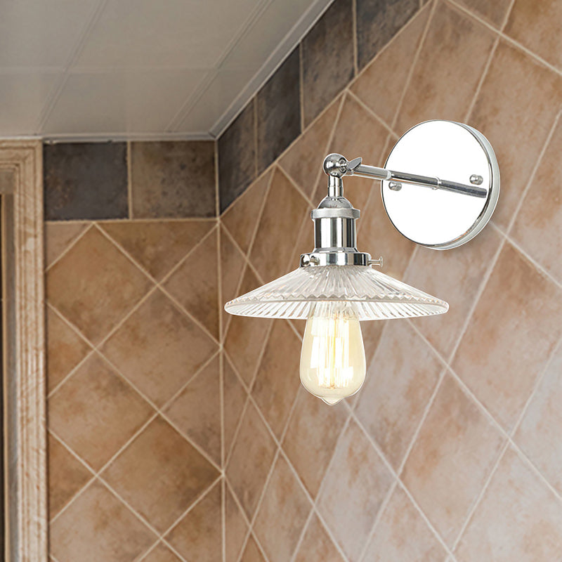 Rynx | Cone-shaped clear prismatic glass wall lamp industrial single bulb bathroom sconce light in chrome