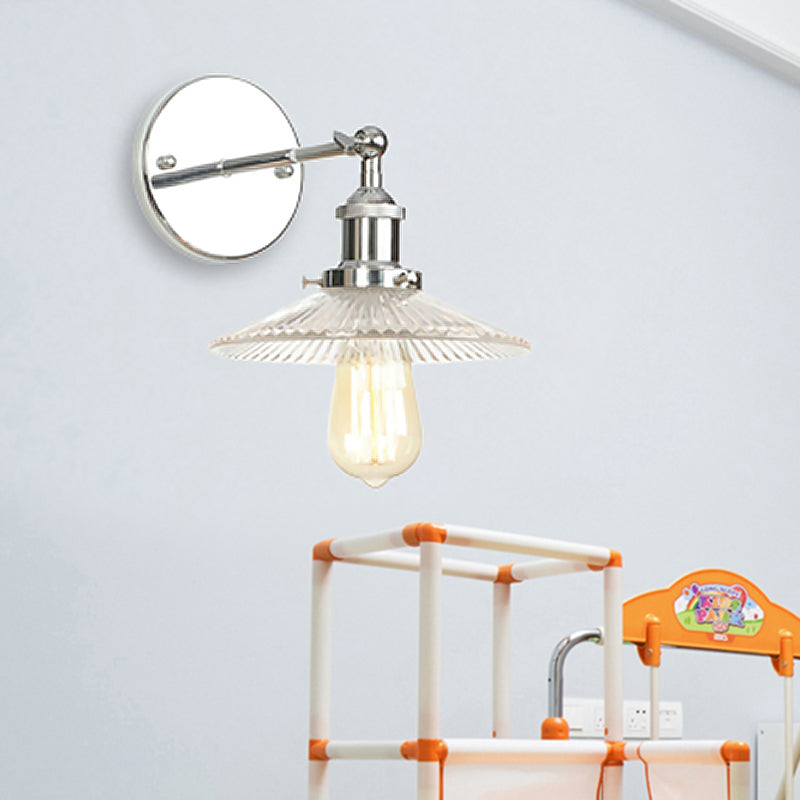Rynx | Cone-shaped clear prismatic glass wall lamp industrial single bulb bathroom sconce light in chrome
