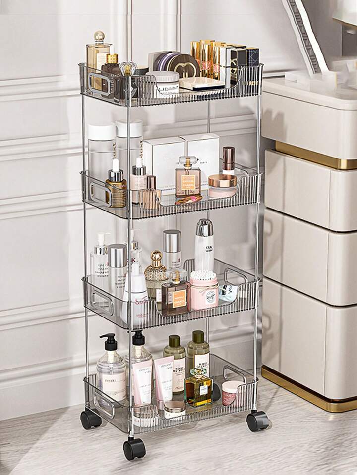 Rynx | Transparent rolling cart with handle, multifunctional plastic cart, multilayer bathroom storage space, bathroom shelves with wheels, cosmetic cart.