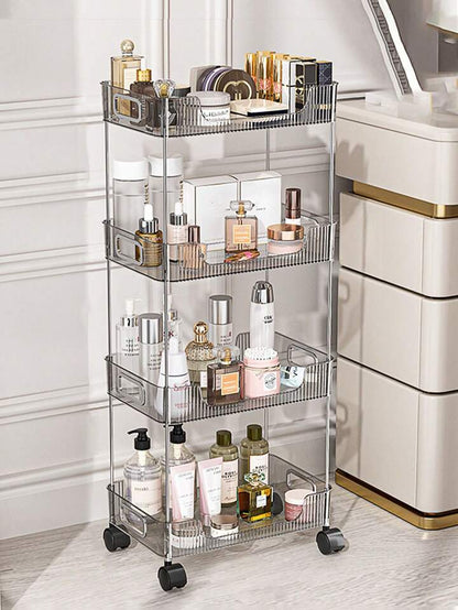 Rynx | Transparent rolling cart with handle, multifunctional plastic cart, multilayer bathroom storage space, bathroom shelves with wheels, cosmetic cart.