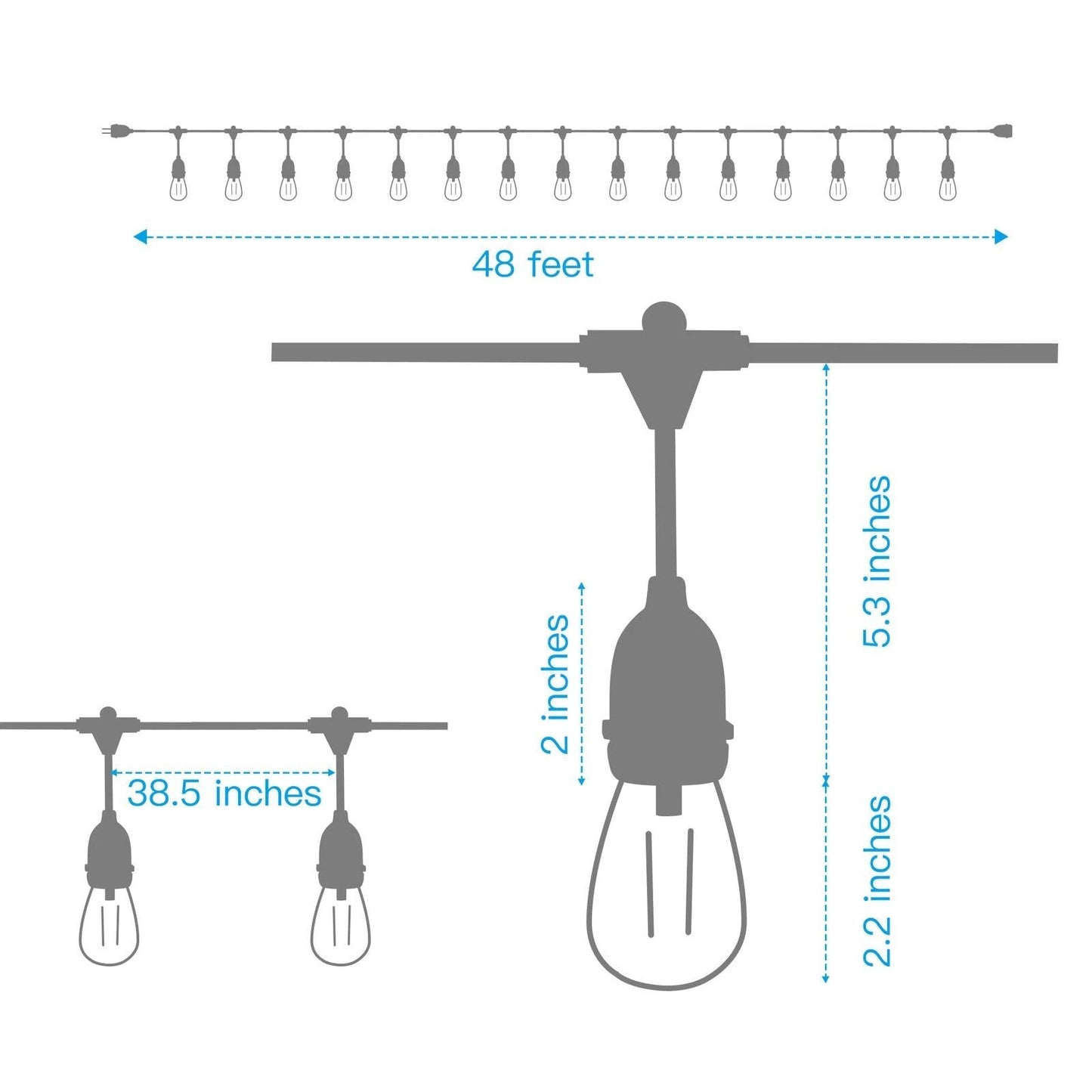 Rynx | 48 Ft. LED Light Chains Outdoor Commercial Quality Waterproof Bulbs