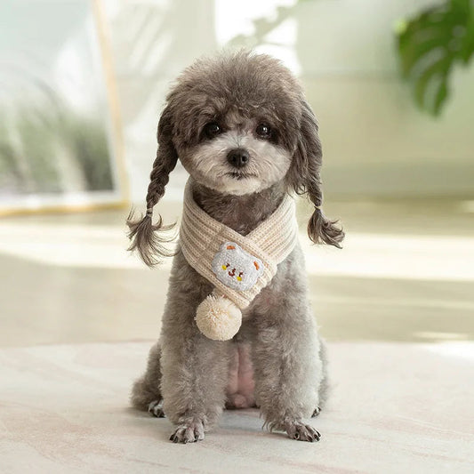 Rynx | Dog Knitted Scarf with Fuzzy Pompom - Winter Neck Warmer Bandana for Pets