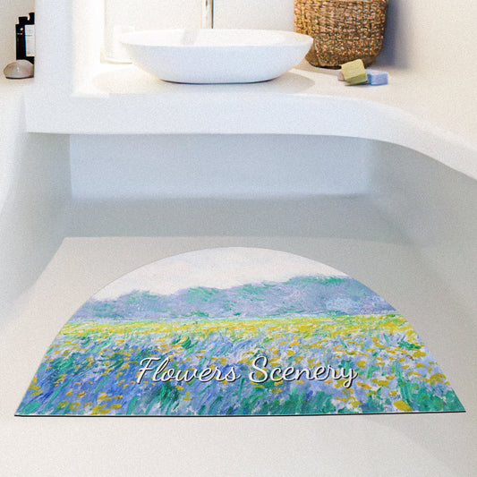 Rynx | Half-round Monet-style yellow flower fields diatomaceous earth bath mat