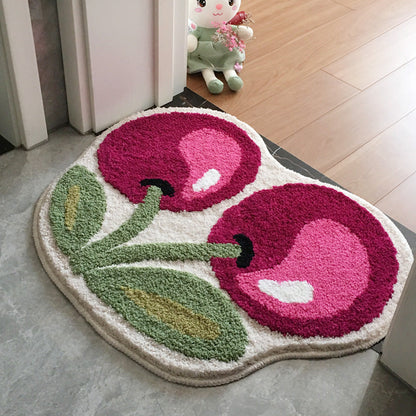 Rynx | Cute cherry bath mat, red fruit bathroom rug, soft plush water-absorbent mat, non-slip toilet mat in multiple sizes, soft thick bathroom rug, art bathroom mats, best bath rugs, tufted art rug for bathroom toilet bathtub