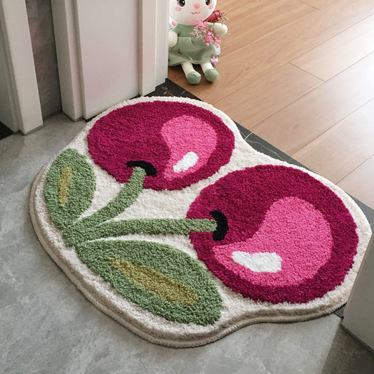 Rynx | Cute cherry bath mat, red fruit bathroom rug, soft plush water-absorbent mat, non-slip toilet mat in multiple sizes, soft thick bathroom rug, art bathroom mats, best bath rugs, tufted art rug for bathroom toilet bathtub