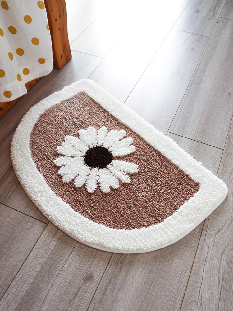 Rynx | Half-circle Daisy Bath Mat, White Flower Bath Rug, Natural Bathroom Decor, Soft Water-absorbing Mat for Bath Shower, Blue Brown