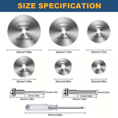 Rynx | 9pcs Cutting Wheel Set for Rotary Tools - HSS Saw Blades for Drills, Includes 6 Cutting Discs, 1/8" and 1/4" Round Shanks, Screwdriver for Wood, Plastic and Aluminum Cutting