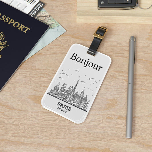 Rynx | Elegant personalized acrylic luggage tags with stylish leather strap for discerning travelers