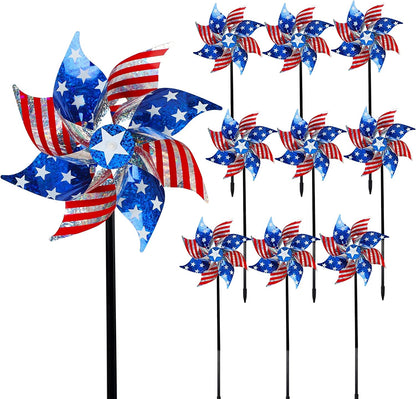 Rynx | 10 Pack Reflective Windmills Patriotic Decorations, American Flag on Stick Wind Spinner with Support for Independence Day, Memorial Day July 4th Party Supplies, Scare Birds Repellent Devices