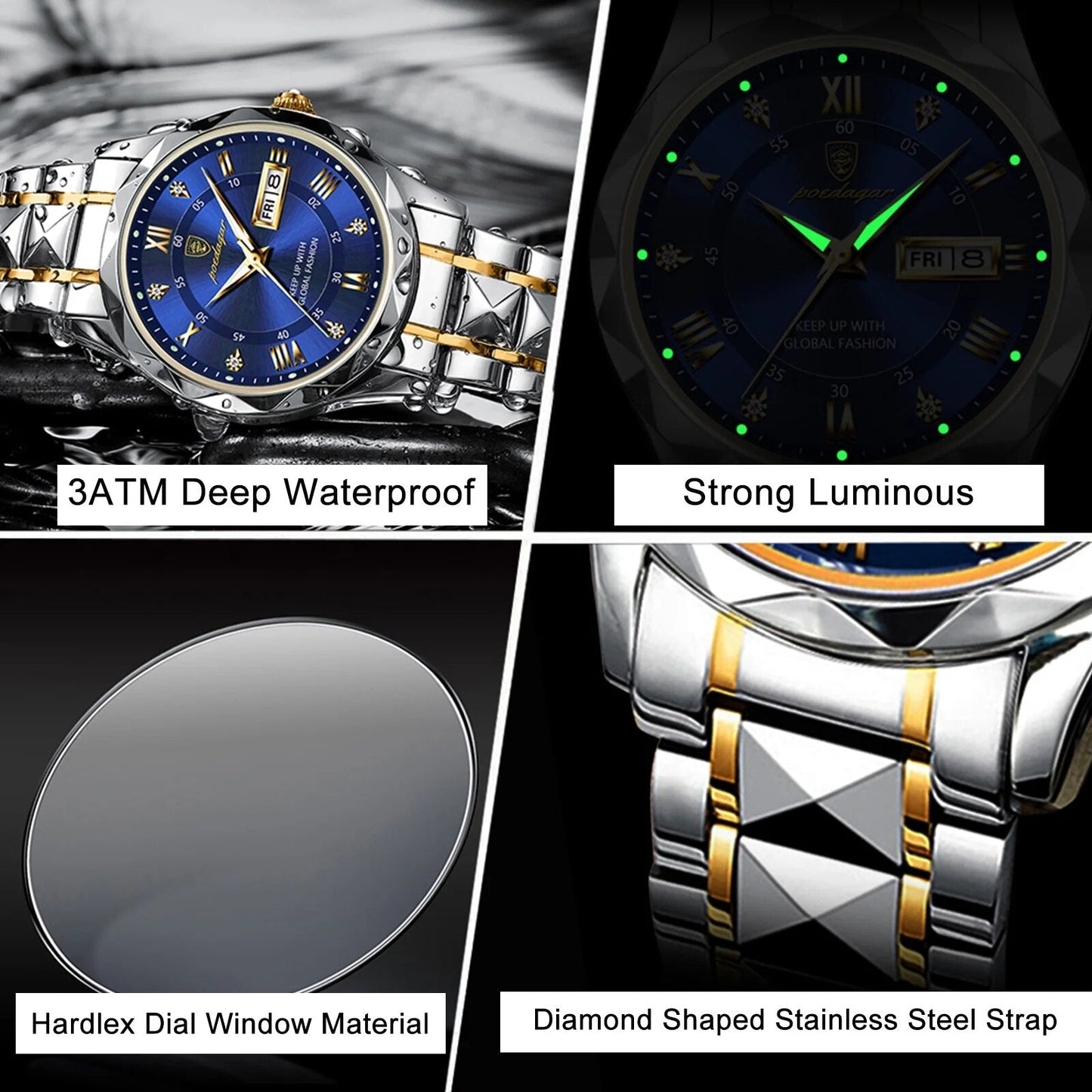 Rynx | Luxury Stainless Steel Quartz Men's Watch with Luminous Date Week Display