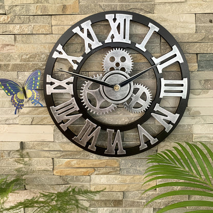 Rynx | Oversized Silver Roman Gear Wall Clock - Silent Clock for Living Room, Office, and Kitchen Product Description