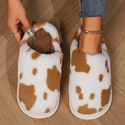 Rynx | Shady Cow Print Plush Slippers for Couples - Cozy Anti-Slip Soft Home Shoes for Winter