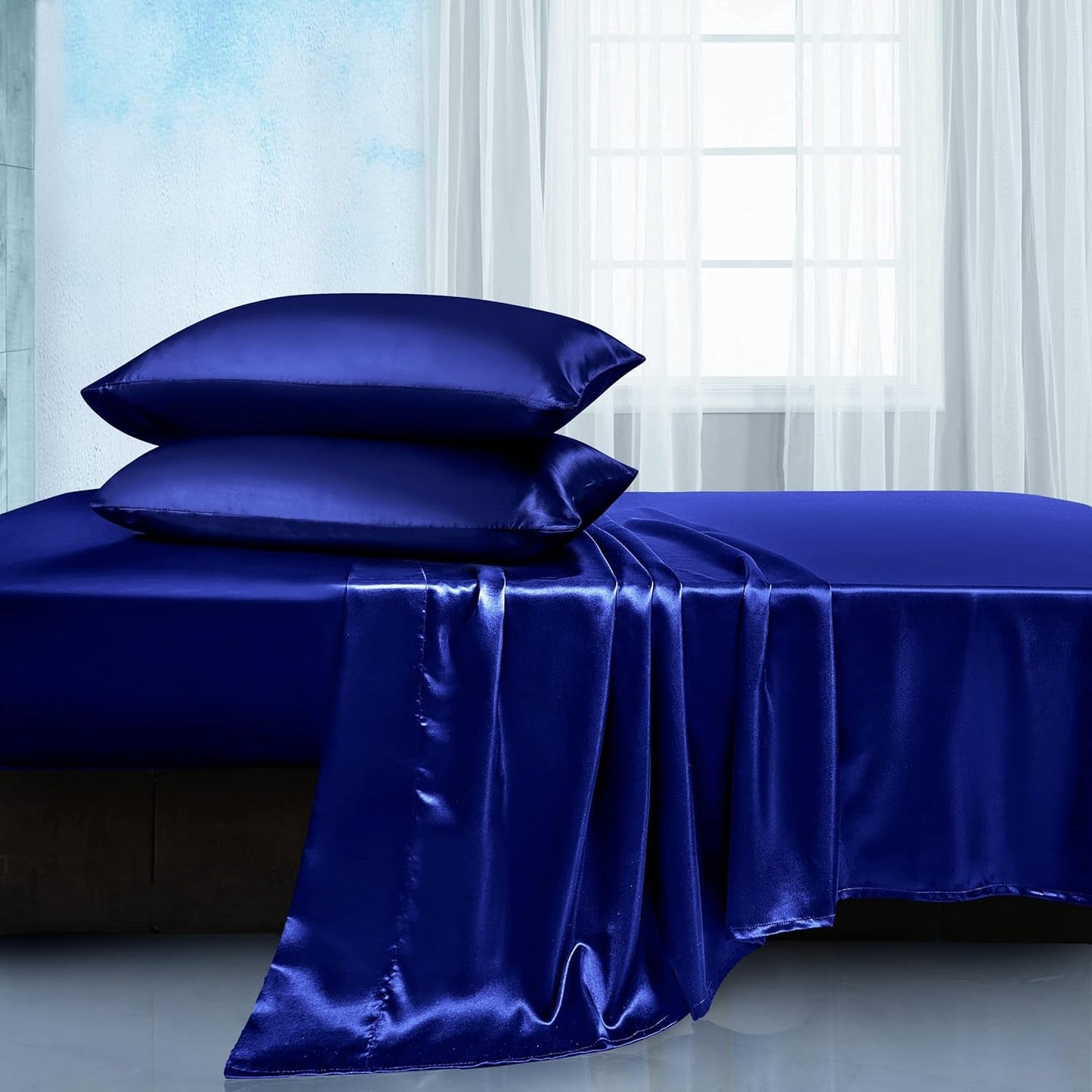 Rynx | Soft Silk Satin Sheet Set, Luxury Bedding Set (1 Satin Fitted Sheet with Elastic, 1 Satin Flat Sheet, 2 Satin Pillowcases (Twin/1 Pillowcase)