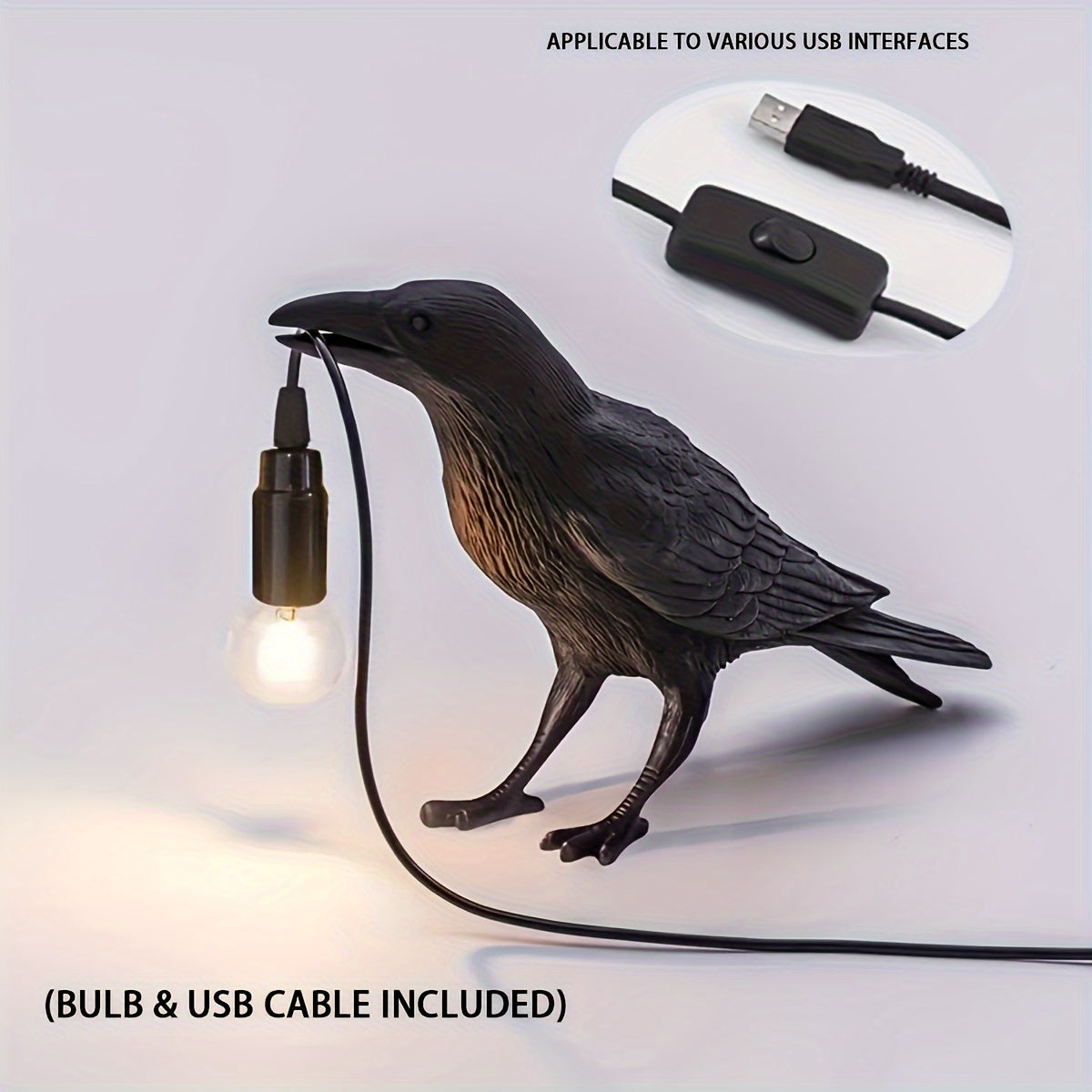 Rynx | RavenLight - Black Raven Table Lamp, USB-Powered, Harsh Lamp for Living Room and Bedroom