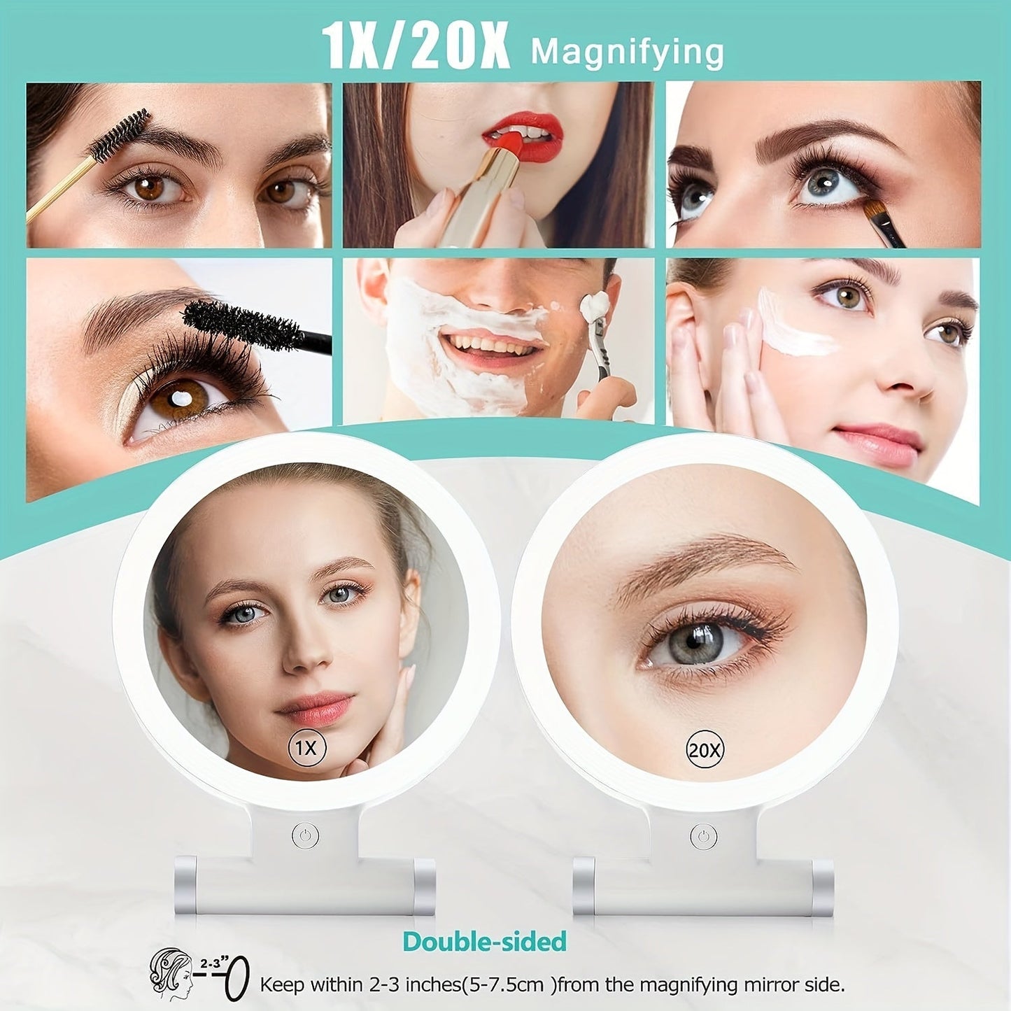 Rynx | 20X/1X Double-Sided Illuminated Tabletop Magnifying Mirror - Adjustable Folding Handle, Cosmetic Mirror for Makeup, Travel, Tweezing, Blackhead Removal - Compact, Portable, Energy-Efficient