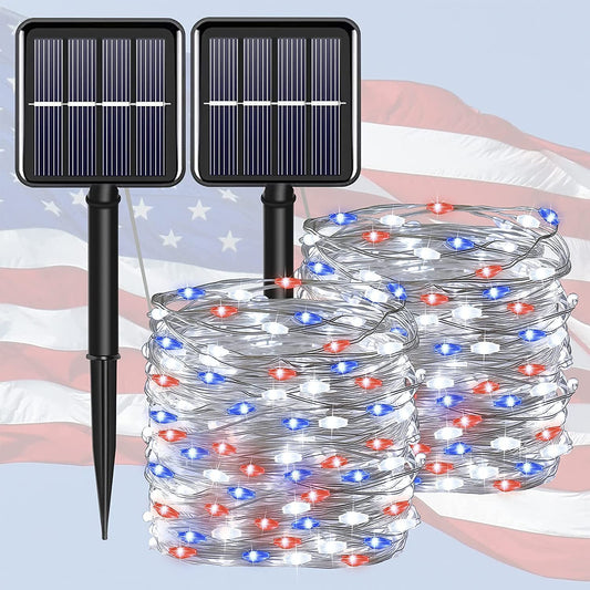Rynx | July 4 patriotic home decorations outdoor lights - Red White Blue solar string lights, 2-pack each 100 LED 33 feet
