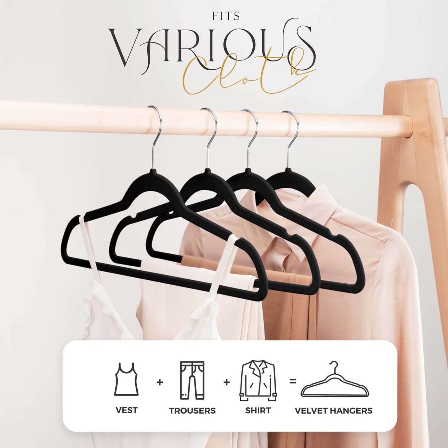 Rynx | 20/30/60 Pack Velvet Hangers - Premium Non-Slip Felt Hangers with Sturdy Black/White Finish - Heavy Duty Coat and Suit Hangers with Space-Saving 360° Rotating Rose Gold/Galvanized Metal Hook