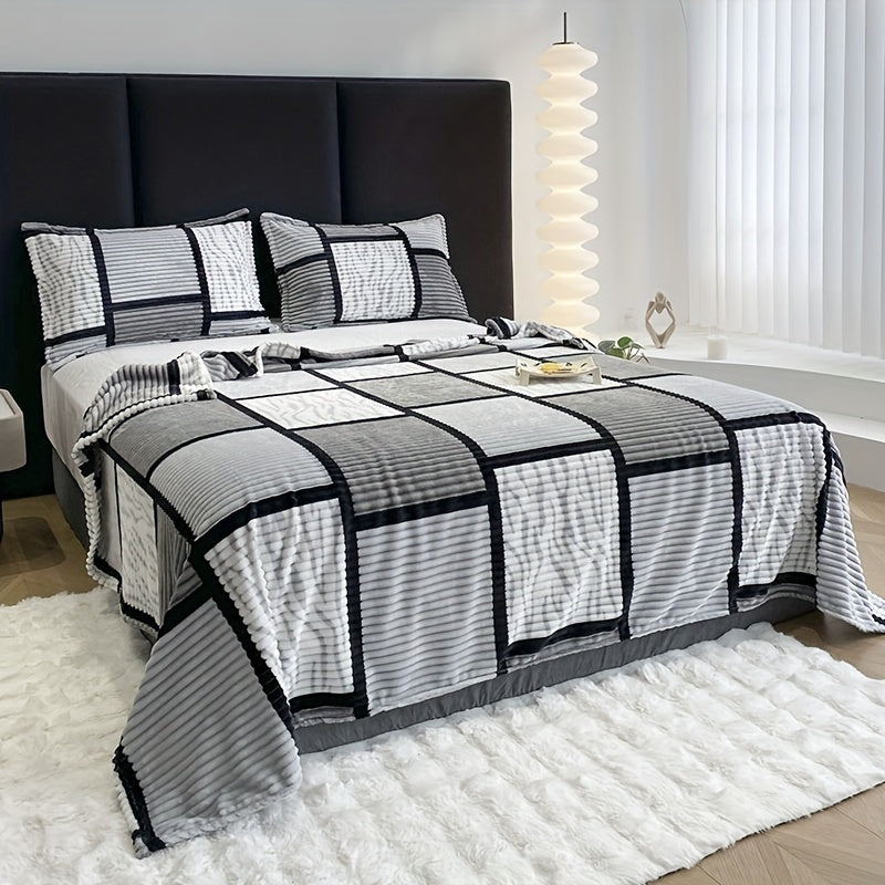 Rynx | Ultra soft plush blanket with square stripe print - Perfect for living room, bed, office, and camping decor - Machine washable, comfort for all seasons