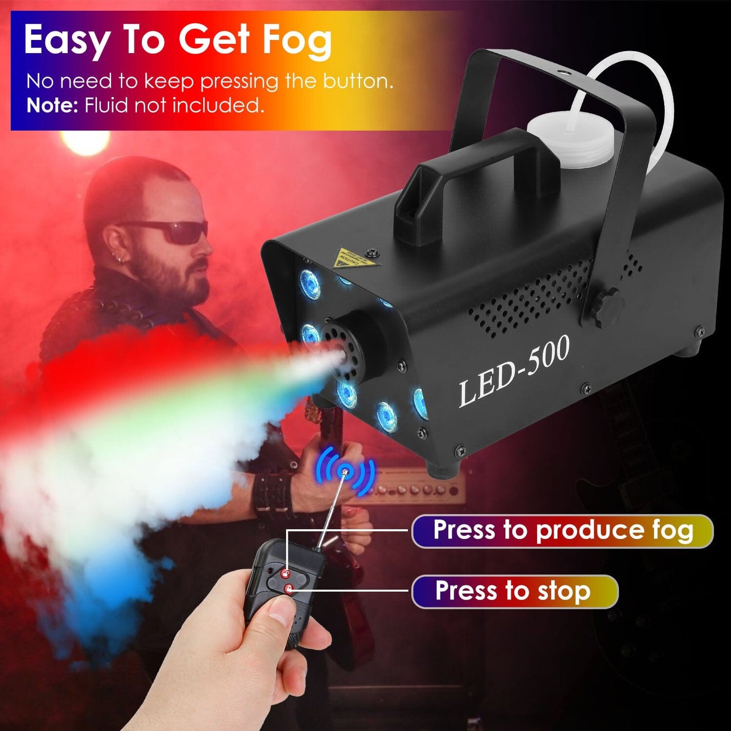 Rynx | 500W Fog Enhancer 2000CFM Colorful Fog Machine with 8-Piece LED 5 Light Effects 3-Level Brightness